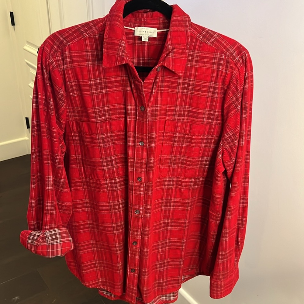 Lucky Brand red plaid SHIRT thin wailed corduroy button down long sleeves SALE